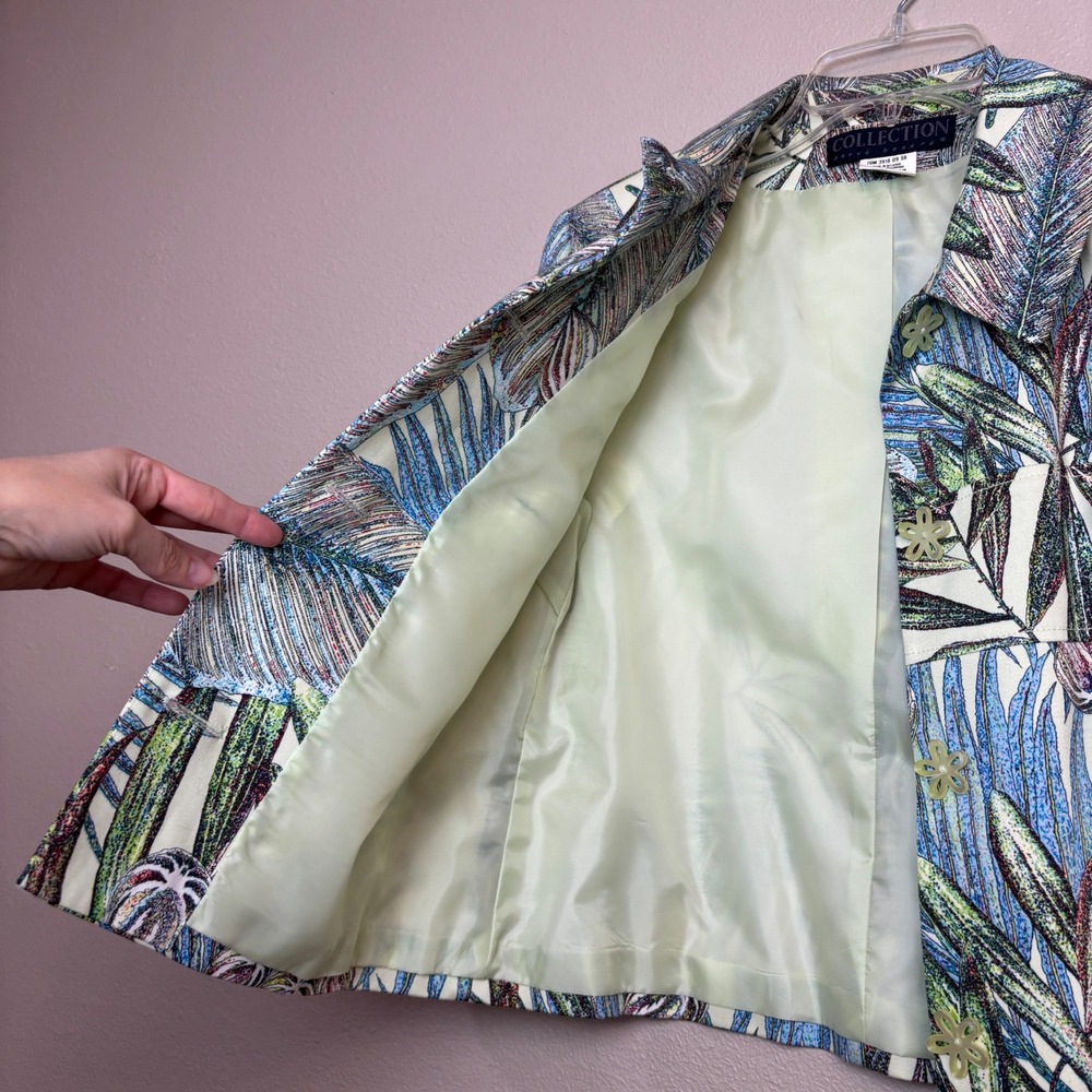 Colorful Jacket Womens 10 Green Blue Tropical Palm Leaf Flower Resortwear Floral - Picture 12 of 16
